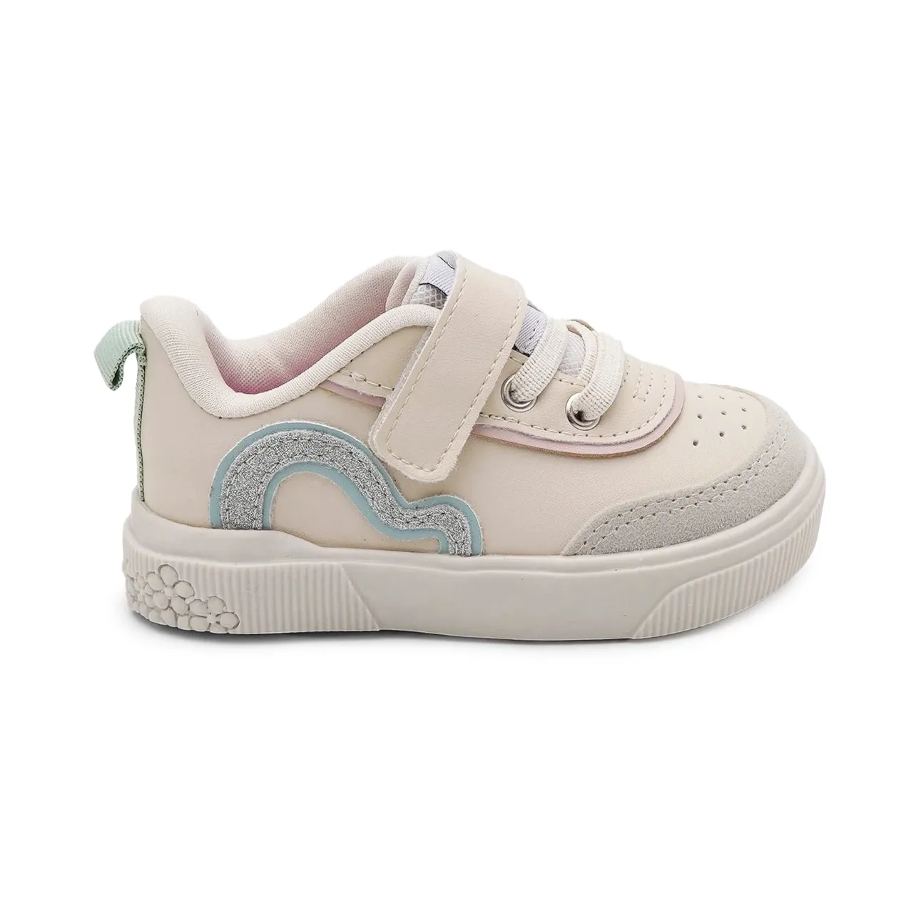 Tênis infantil Pampili bege com detalhes coloridos e fechamento em velcro, vista frontal
